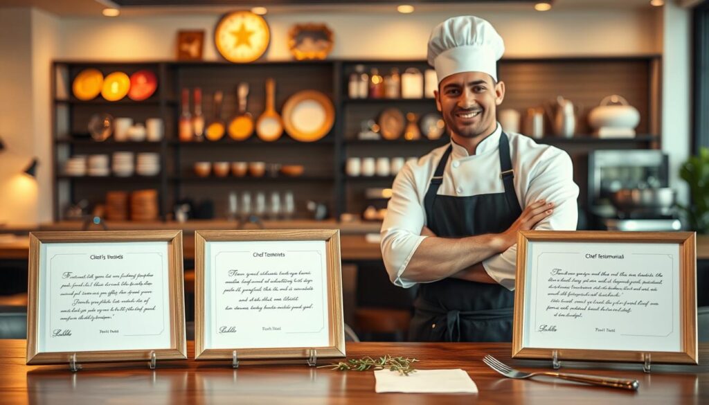 A beautifully arranged chef credibility testimonial display in a modern, well-lit restaurant setting. In the foreground, elegantly designed testimonial cards featuring client comments on crisp white paper, elegantly framed on a polished wooden table with a few decorative herbs and utensils. In the middle ground, a confident chef in a pristine white uniform and a black apron, smiling knowingly while standing next to the display, featuring warm tones and soft, diffused lighting that creates a welcoming atmosphere. In the background, softly blurred shelves holding culinary awards and a vibrant kitchen scene to signify expertise and professionalism. The overall mood is one of trust and authenticity, perfect for conveying credibility in the culinary arts.