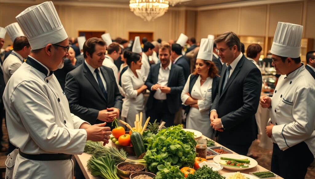 A bustling chef event set in an elegant indoor hall, showcasing a diverse group of professional chefs in sharp business attire. In the foreground, two chefs engage in a friendly discussion while examining a selection of high-quality ingredients on a beautifully arranged table, highlighting fresh produce and spices. The middle ground features other chefs networking together, exchanging ideas with enthusiasm, their expressions conveying collaboration and partnership. In the background, a subtly elegant display of kitchen tools and gourmet dishes adds to the atmosphere. Soft, warm lighting creates a welcoming ambiance, with a focus on the details of the interactions. The overall mood is dynamic and professional, emphasizing the importance of building partnerships within the culinary community.