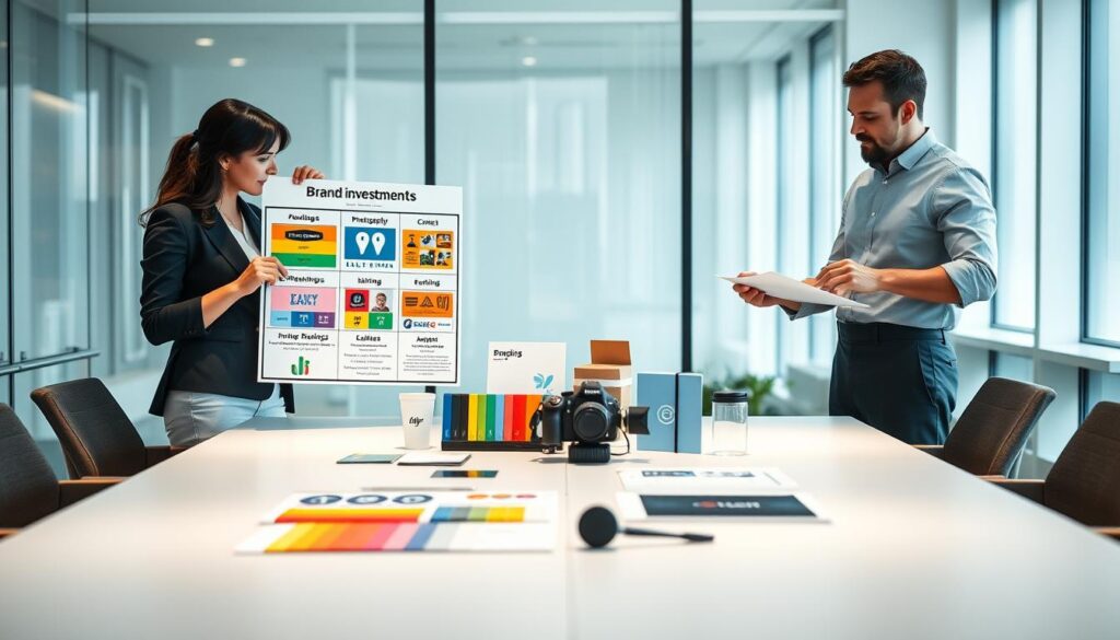 A modern office setting with a large conference table in the foreground, showcasing a detailed cost-benefit analysis of brand investments. On one side, a professional woman in business attire is presenting a chart with colorful logos and photography examples, highlighting the advantages of hiring professionals. On the opposite side, a man in smart casual clothing reviews DIY branding elements, comparing potential cost savings. In the middle ground, an elegant display of branding materials, including vibrant color palettes, logo designs, and a camera, emphasizes the creative process. The background features large windows letting in soft, natural light, creating an inspiring and motivational atmosphere. The image should convey a sense of collaboration and professional strategy, capturing the essence of careful branding decisions for chefs.