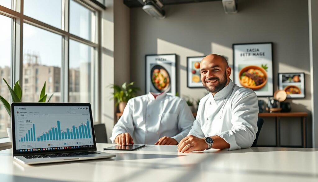 A professional chef, dressed in a smart white chef coat, sits at a sleek, modern desk in a well-lit social media management office. The foreground features a stylish laptop displaying analytics graphs and charts, indicating social media success metrics. In the middle ground, colorful food photography is displayed on the walls, showcasing the chef's culinary creations, alongside framed social media accolades. The background has large windows allowing sunlight to stream in, creating a warm, inviting atmosphere. Soft shadows enhance the modern decor with plants and cooking utensils subtly arranged. The mood is optimistic and focused, reflecting the chef's dedication to tracking and enhancing their social media presence and client engagement.