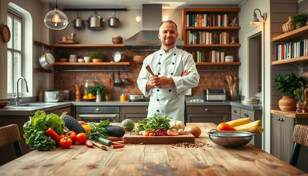 A professional chef in a warm, inviting kitchen, showcasing a rich tapestry of culinary experience. In the foreground, the chef stands confidently, wearing a crisp white chef's jacket, black pants, and a classic white apron, holding a wooden spoon. In the middle, a wooden table is adorned with fresh ingredients—vibrant vegetables, aromatic herbs, and spices, symbolizing the essence of cooking. The background features an elegant kitchen with stainless steel appliances, hanging pots, and shelves filled with cookbooks, enhancing the atmosphere. Soft, natural light streams in from a window, creating an inviting ambiance. The scene conveys passion and dedication to the culinary arts, capturing the essence of a chef's journey and the joy of cooking.