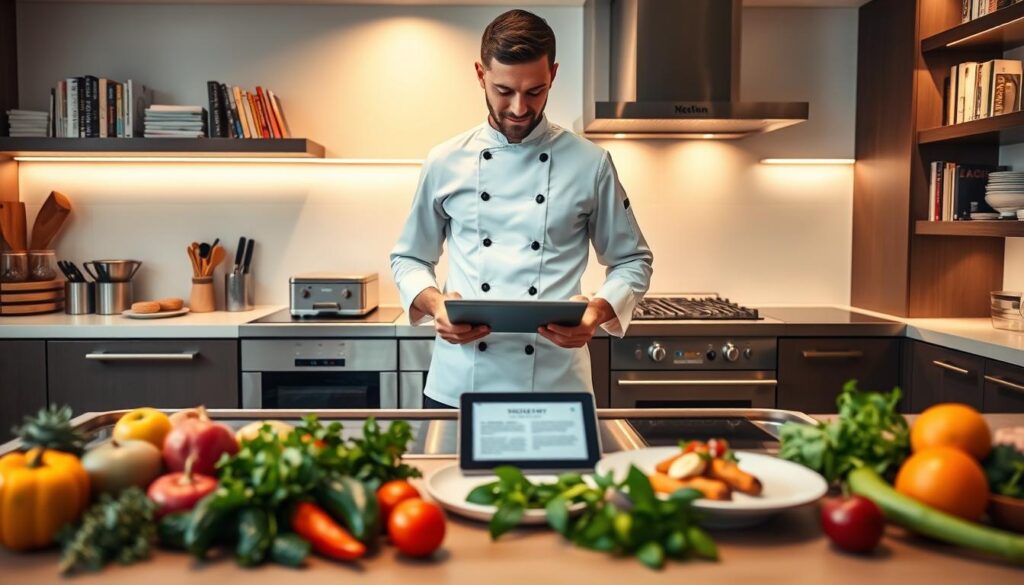 A professional chef standing confidently in a modern kitchen, dressed in a sharp white chef's coat and black pants, reviewing a digital tablet displaying their updated biography. The foreground features fresh ingredients like vibrant vegetables, fragrant herbs, and neatly arranged kitchen tools. In the middle ground, a stylish countertop is adorned with a sleek tablet and a plate with an artistic dish, symbolizing culinary creativity. The background showcases a well-lit kitchen environment with stainless steel appliances and shelves filled with cookbooks, creating an inviting atmosphere. The lighting is warm and soft, highlighting the chef's focused expression as they reflect on their culinary journey. The overall mood is inspiring and professional, perfect for showcasing the importance of keeping chef bios updated.