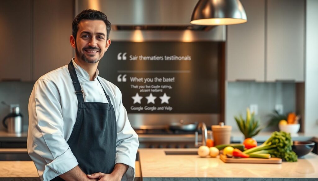 A professional chef standing confidently in a modern kitchen, positioned in the foreground. The chef is dressed in a crisp white chef’s coat and a black apron, reflecting a polished and credible image. In the middle ground, a wall display highlights glowing testimonials and star ratings from Google and Yelp, visually showcasing client reviews. The background features elegant stainless steel appliances and fresh ingredients arranged artfully, emphasizing culinary excellence. Soft, warm lighting bathes the scene, creating an inviting atmosphere. The angle of the image is slightly elevated, offering a dynamic perspective that leads the viewer's eye from the chef to the testimonials. The overall mood is one of professionalism and trustworthiness, aiming to convey the chef's credibility in the culinary field.