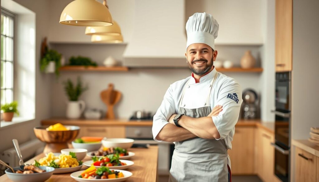 A professional chef stands confidently in a bright, well-equipped kitchen, showcasing their trustworthy brand. In the foreground, the chef, wearing a crisp white uniform and a stylish apron, engages with the viewer, exuding warmth and approachability. The middle ground features a beautifully arranged table with vibrant, colorful dishes that highlight the chef's culinary skills, enhancing the theme of credibility. In the background, the kitchen is clean and organized, with soft, natural lighting that creates an inviting atmosphere. A subtle depth of field adds focus to the chef and dishes, while warm, soft lighting casts gentle shadows, evoking a sense of professionalism and reliability. The overall mood is inspiring and encouraging, perfect for those looking to build their personal chef brand.