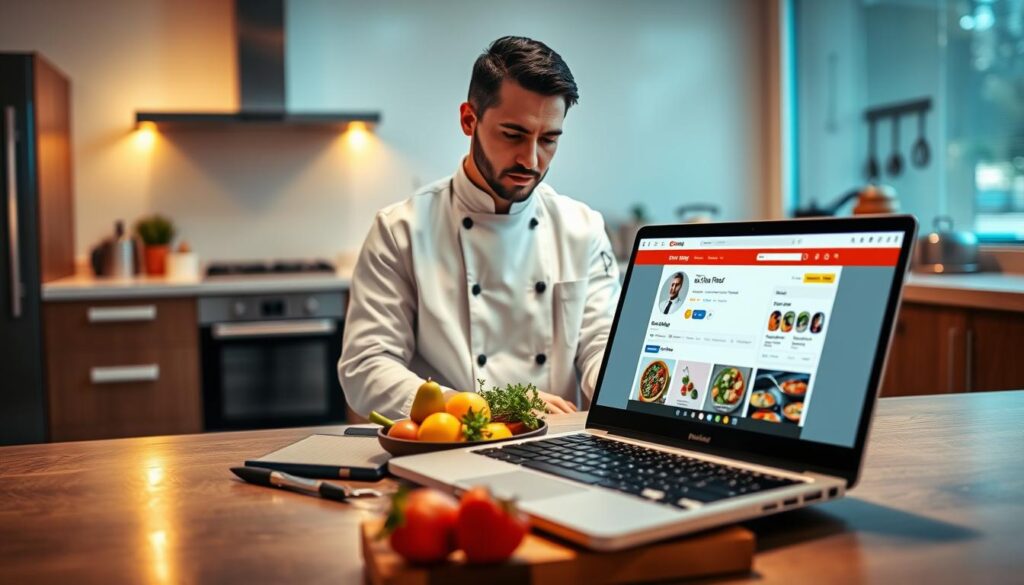 A professional chef stands confidently in a modern workspace, expertly optimizing their profile on a digital booking platform. In the foreground, the chef, dressed in a crisp white coat and black pants, is focused on a laptop displaying a colorful, well-designed profile interface. The middle ground features kitchen tools and ingredients artfully arranged, symbolizing culinary expertise, with vibrant fresh produce prominently placed. In the background, soft, warm lighting casts an inviting glow, showcasing a stylish kitchen with pots and pans gleaming. The atmosphere is dynamic yet calm, reflecting a sense of professionalism and creativity, inviting clients to explore the chef's offerings. The camera angle is slightly tilted to emphasize the chef's engagement with the technology while maintaining a sharp focus on their expression of determination.