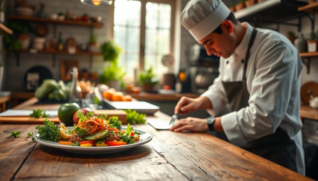 A vibrant kitchen scene featuring a professional chef, dressed in a crisp white chef's coat and hat, expertly plating a colorful dish on a rustic wooden table. In the foreground, a close-up of a beautifully arranged plate of gourmet food, showcasing vibrant ingredients like fresh herbs, colorful vegetables, and delicate sauces. In the middle ground, the chef is engaged in the creative process, with various kitchen tools and fresh produce scattered around, indicating a lively cooking atmosphere. In the background, soft natural light filters through a window, creating a warm and inviting ambiance that encourages creativity and passion in culinary arts. The mood is energetic yet focused, perfect for inspiring social media content ideas.