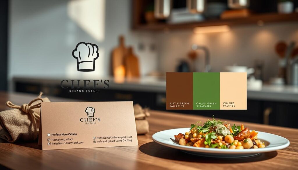 A visually striking arrangement showcasing the concept of brand consistency for chefs. In the foreground, a beautifully designed chef's logo prominently displayed on a sophisticated business card next to a fresh plate of gourmet food, emphasizing professional culinary artistry. In the middle ground, a color palette swatch featuring complementary tones of earthy greens, rich browns, and soft creams, symbolizing the natural ingredients often used in cooking. In the background, a subtle blurred image of a modern kitchen with warm lighting, creating an inviting and professional atmosphere. The scene is captured from a slightly elevated angle with natural light illuminating the textures, projecting a mood of professionalism and culinary passion that resonates with branding professionalism.